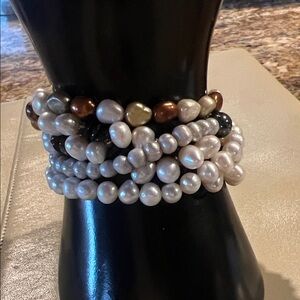 Multi-Row Real Pearl Stretch Bracelet - White and Brown Pearls